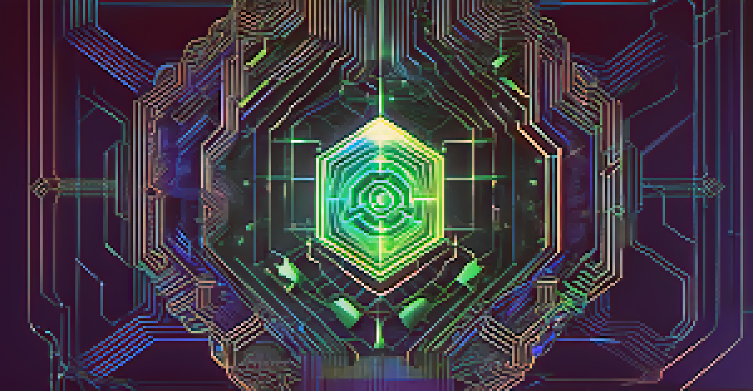 An abstract digital ledger with a blockchain network and a shield symbolizing security.