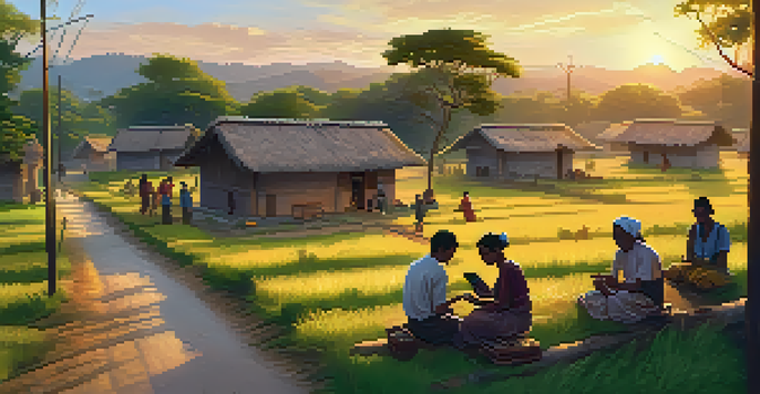 A picturesque village at sunset with villagers using smartphones to access financial applications, surrounded by greenery and rustic homes.