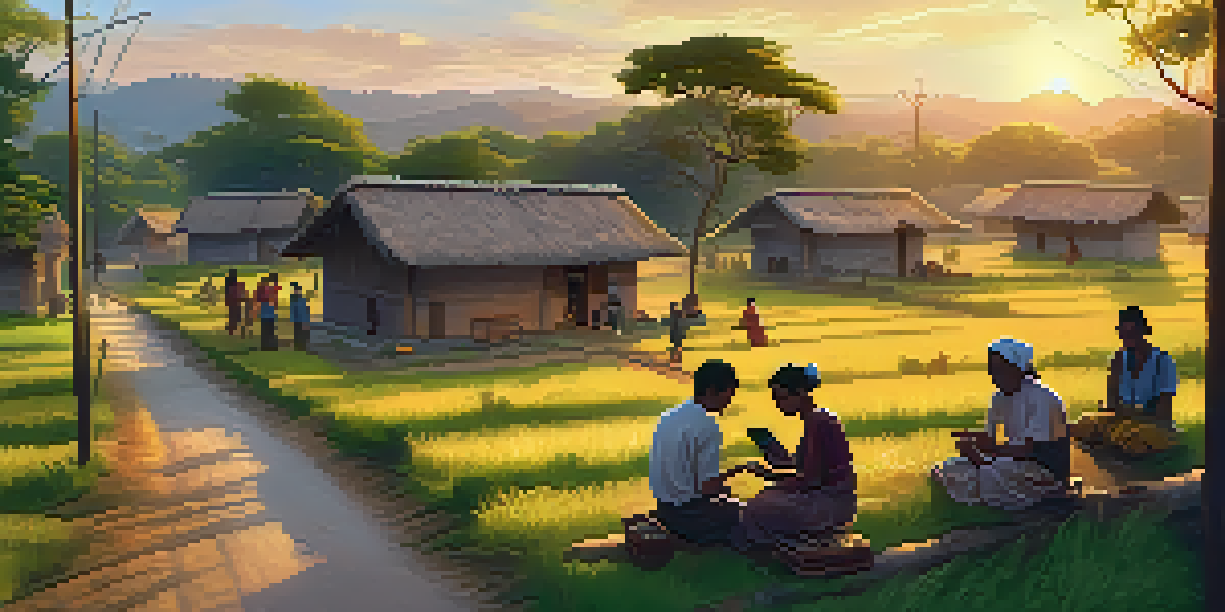 A picturesque village at sunset with villagers using smartphones to access financial applications, surrounded by greenery and rustic homes.