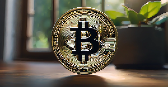 A detailed image of a Bitcoin coin on a wooden surface with green plants in the background.