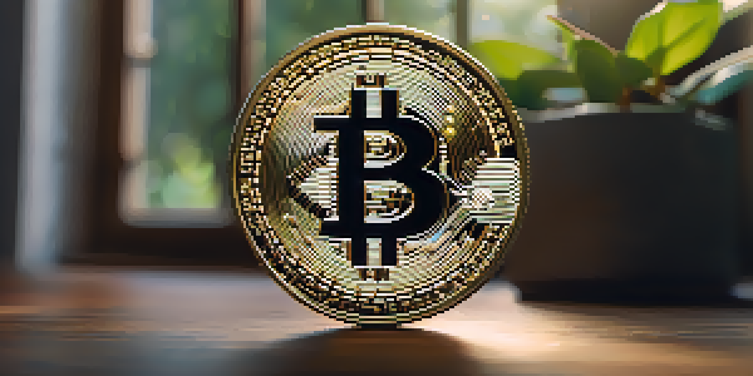 A detailed image of a Bitcoin coin on a wooden surface with green plants in the background.