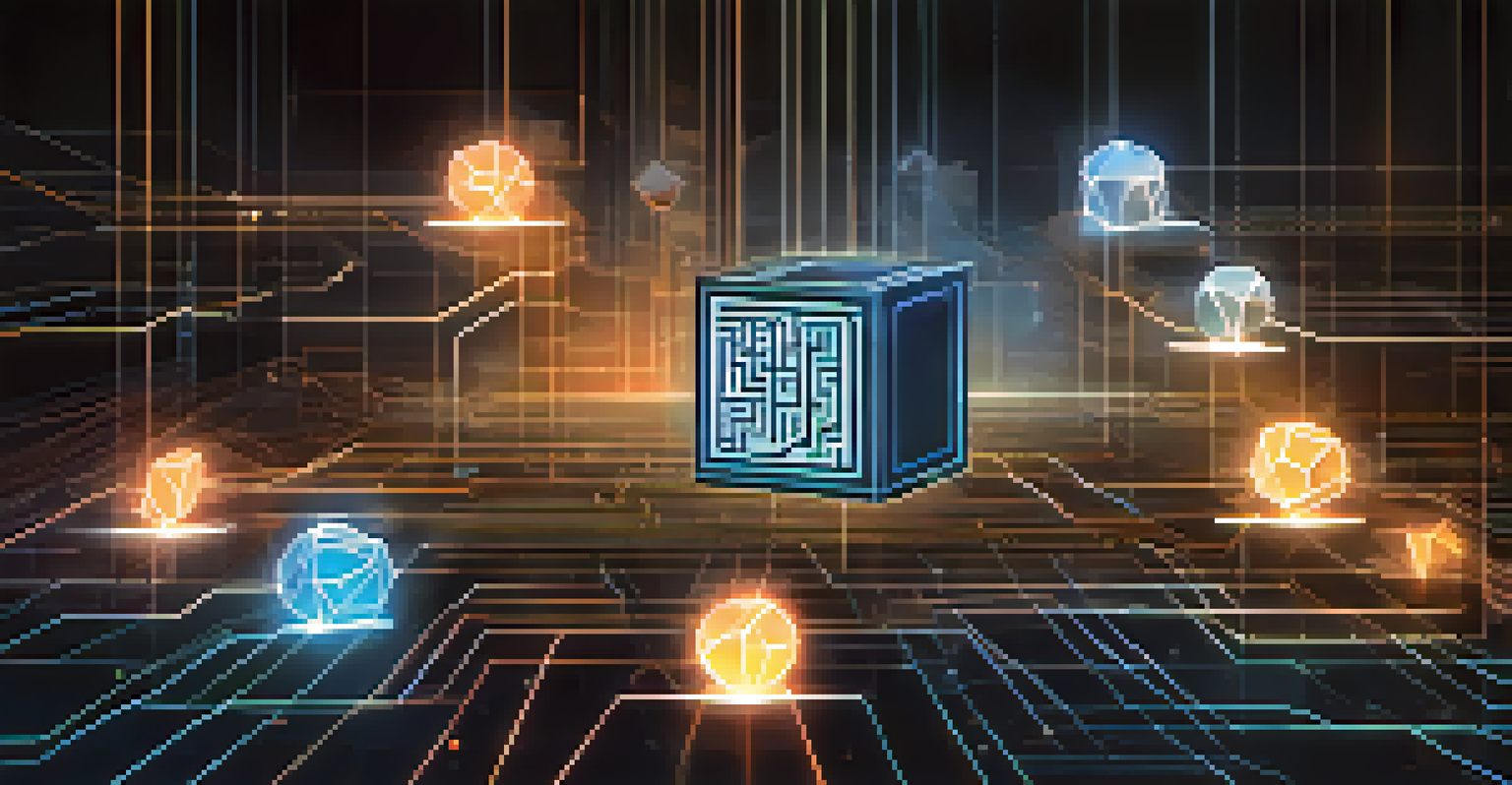 An illustration of blockchain technology with interconnected blocks and digital currencies against a dark and light colored background.