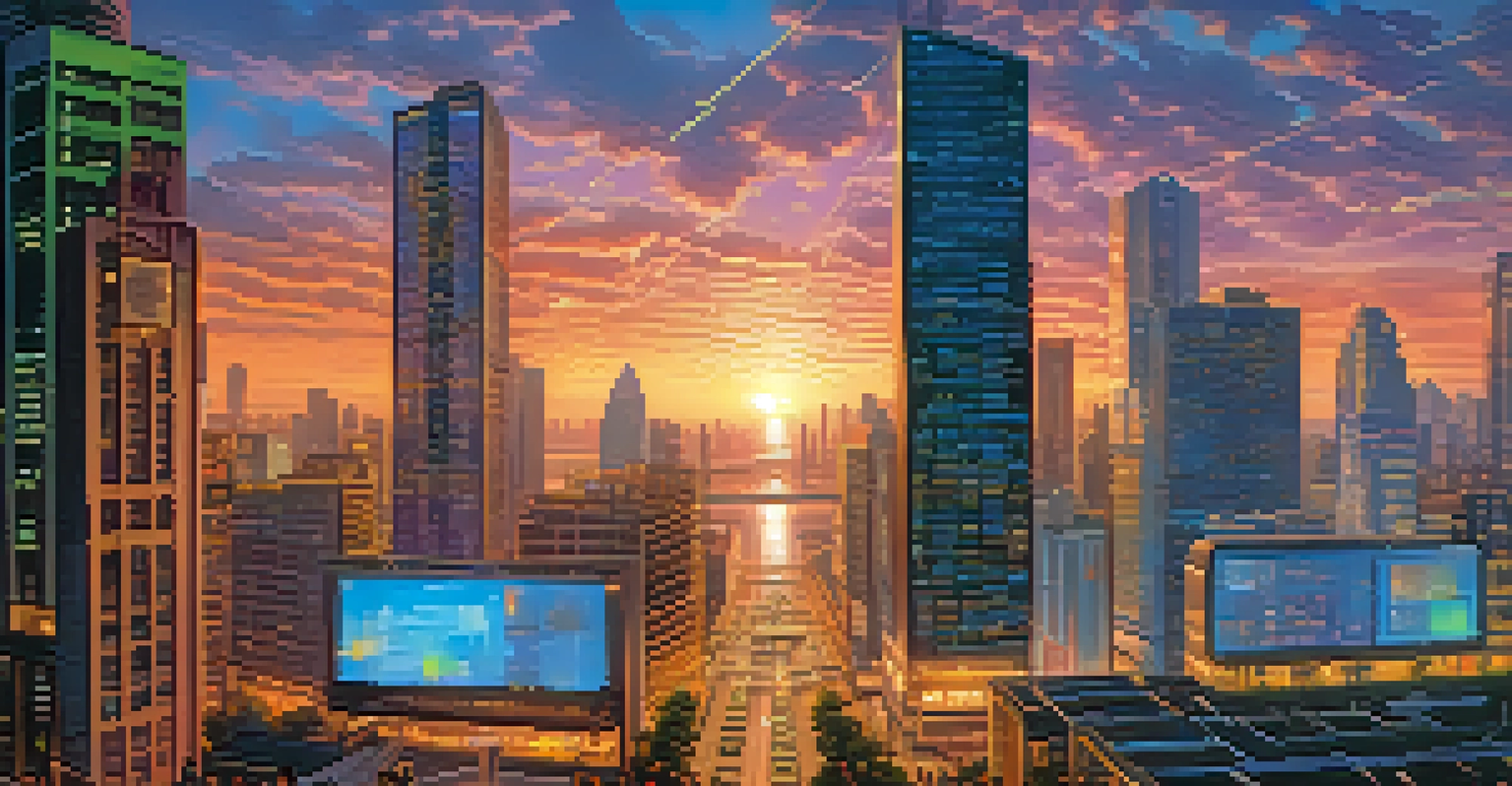 A futuristic cityscape with Bitcoin and blockchain technology integrated into daily life.