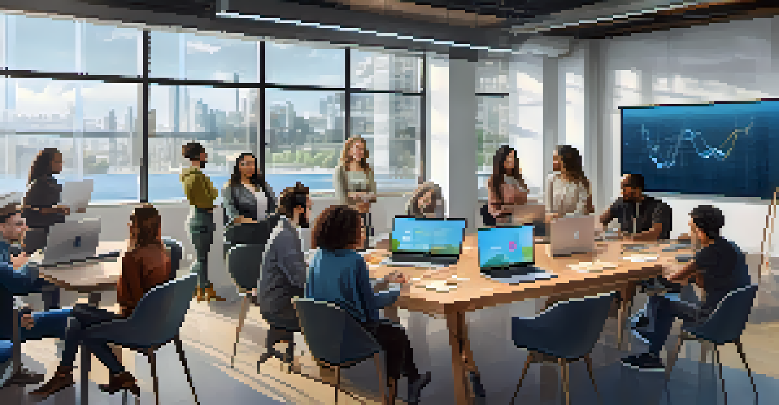 A diverse group of people discussing blockchain governance in a modern co-working space, with laptops and charts visible.