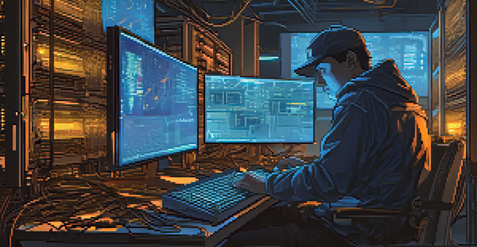 A Bitcoin miner intensely focused on multiple screens showing blockchain data in a dimly lit room.