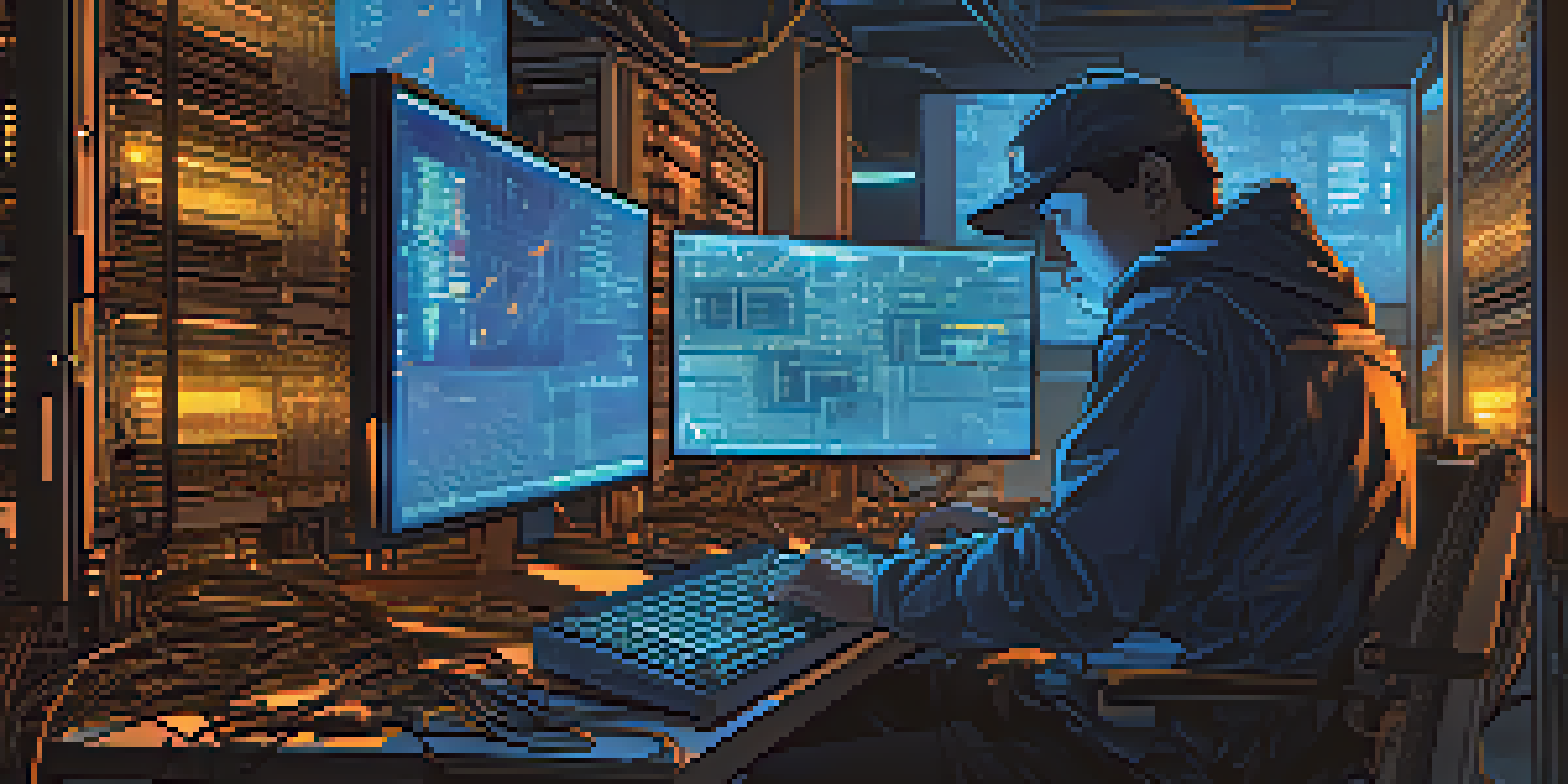 A Bitcoin miner intensely focused on multiple screens showing blockchain data in a dimly lit room.