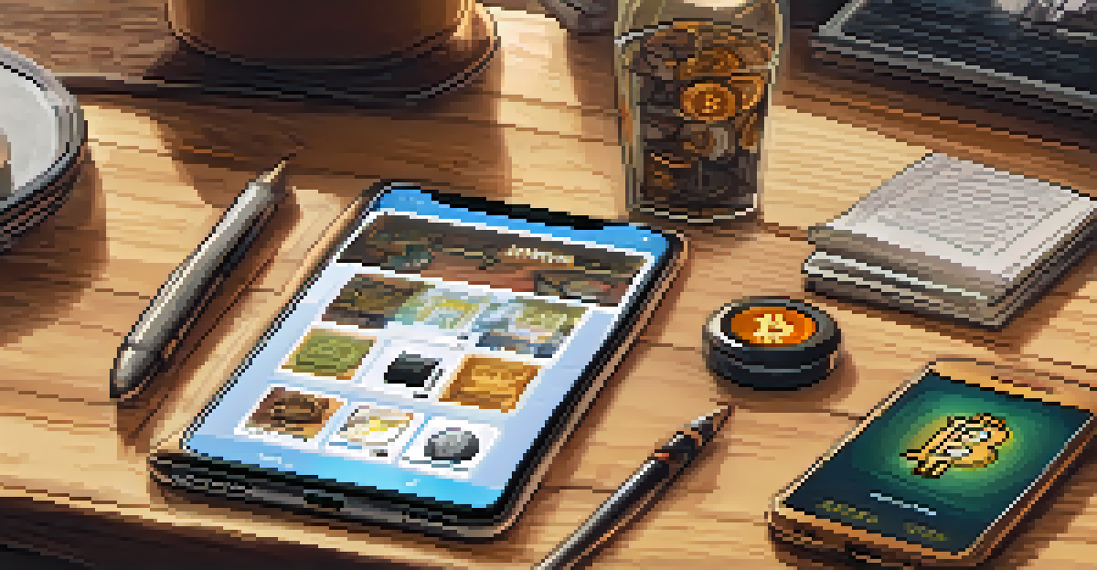 A close-up of a Bitcoin wallet on a smartphone displaying an indie game concept, surrounded by sketches and artwork of game characters on a wooden table.