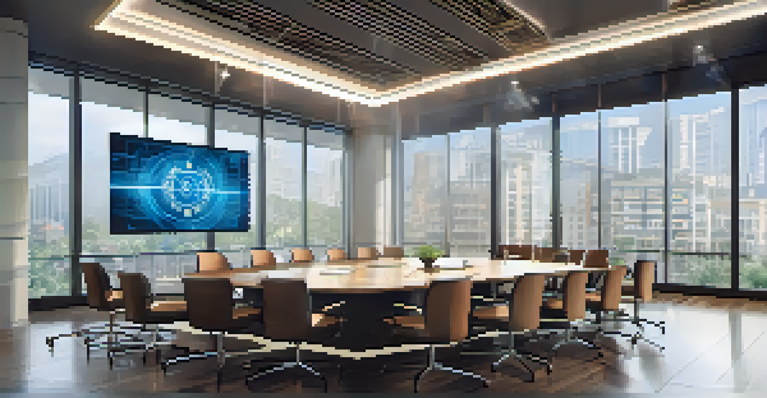A boardroom setting with a large screen showing blockchain graphics, modern decor, and sunlight filtering through windows.