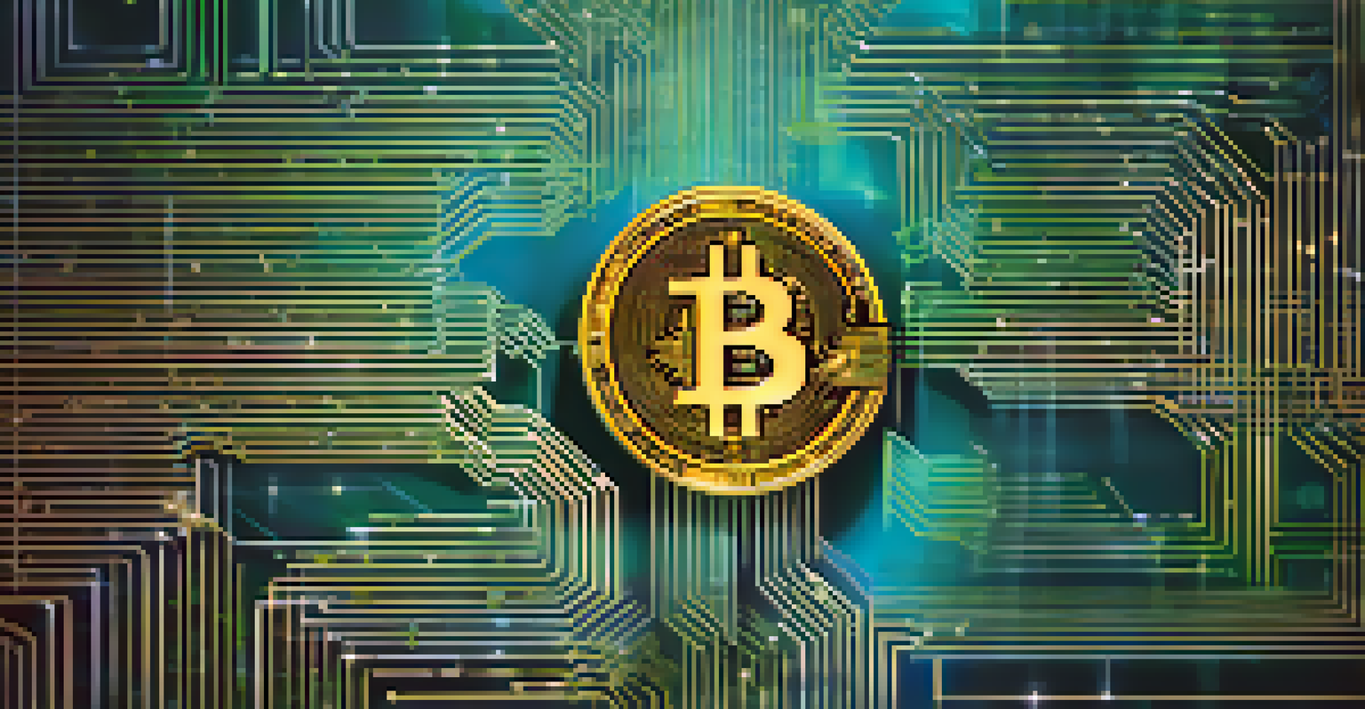 An abstract artwork depicting diverging paths of Bitcoin forks with golden and silver symbols on a gradient blue and green background.