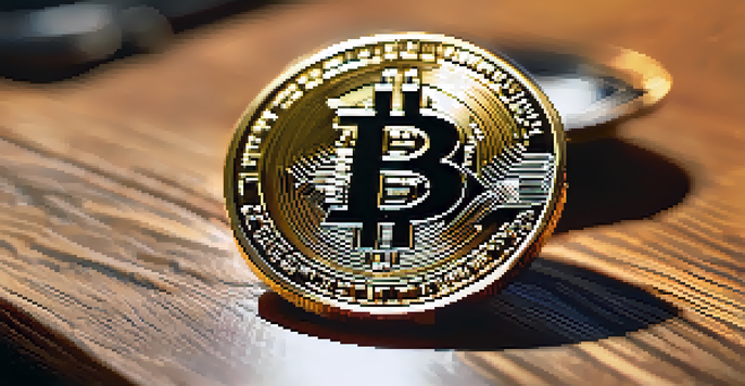A Bitcoin coin on a wooden table with a blurred charity event in the background.