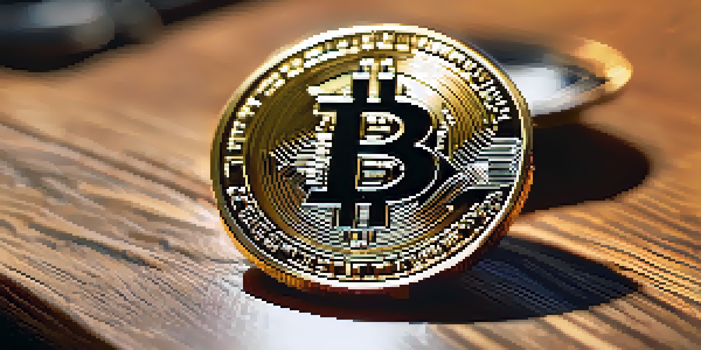 A Bitcoin coin on a wooden table with a blurred charity event in the background.