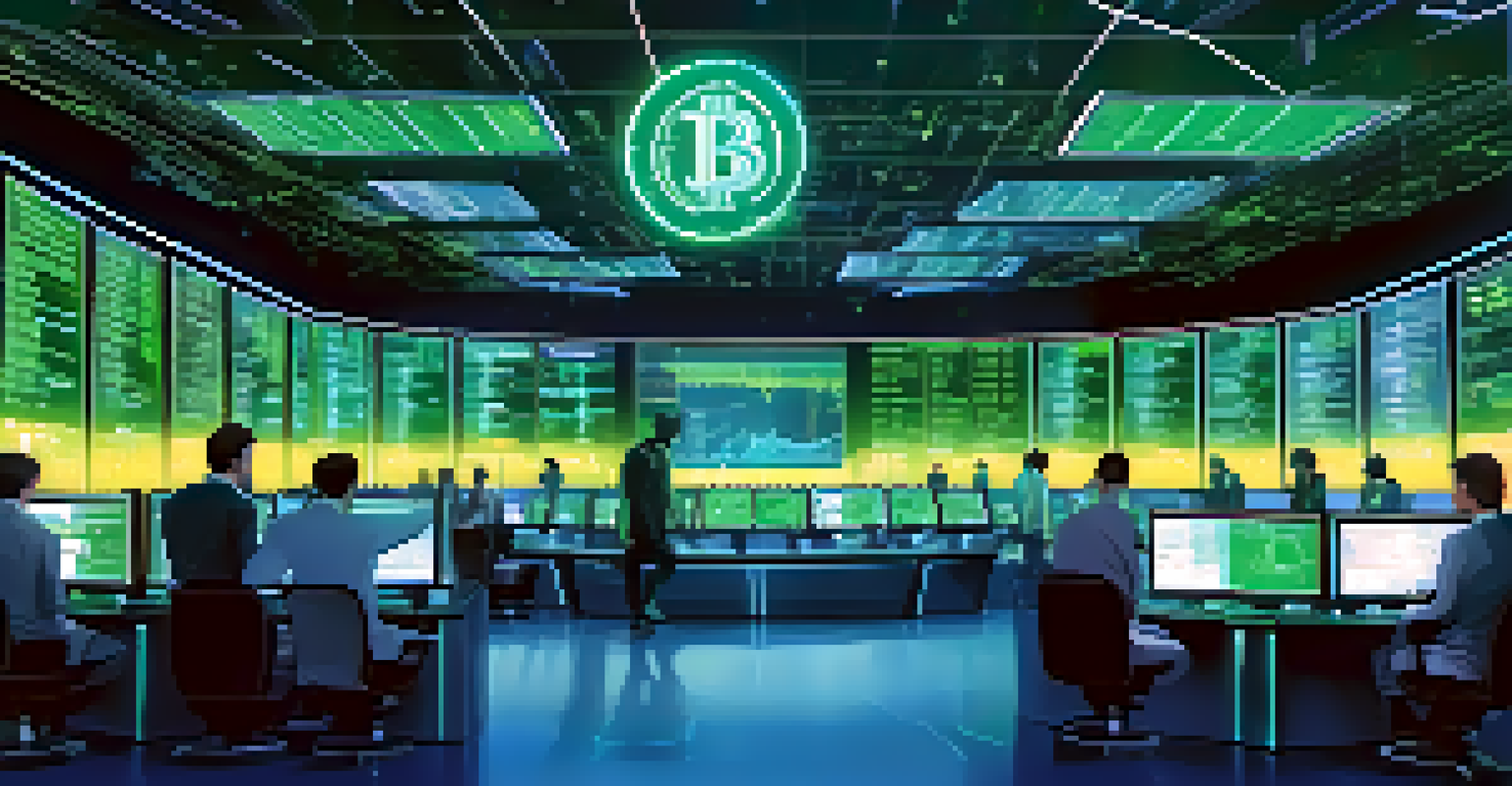 A modern trading room with multiple screens showing Bitcoin prices, traders discussing, and blue-green lighting.