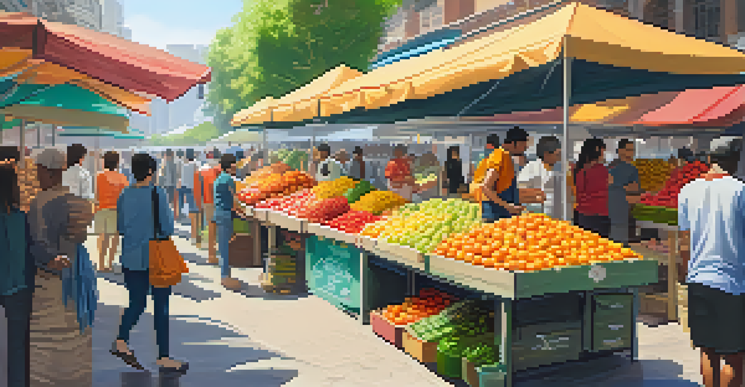 A lively street market where vendors accept Bitcoin Cash payments, with colorful stalls and happy customers.