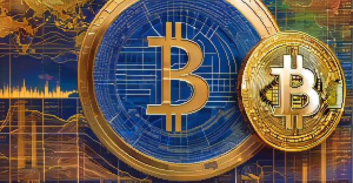 An artistic depiction of a Bitcoin coin surrounded by a fluctuating graph and a global map, illustrating its price volatility in a colorful manner.