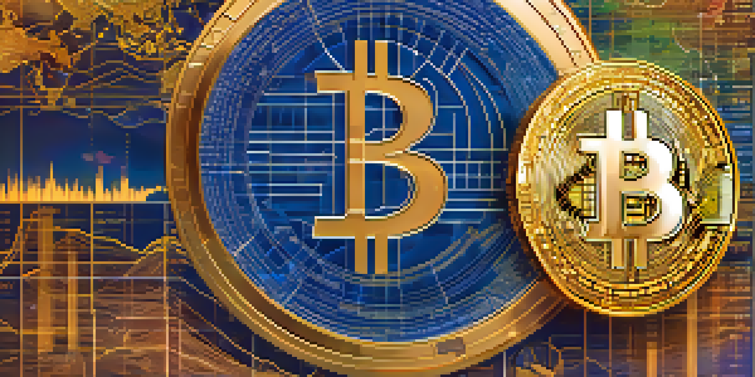 An artistic depiction of a Bitcoin coin surrounded by a fluctuating graph and a global map, illustrating its price volatility in a colorful manner.