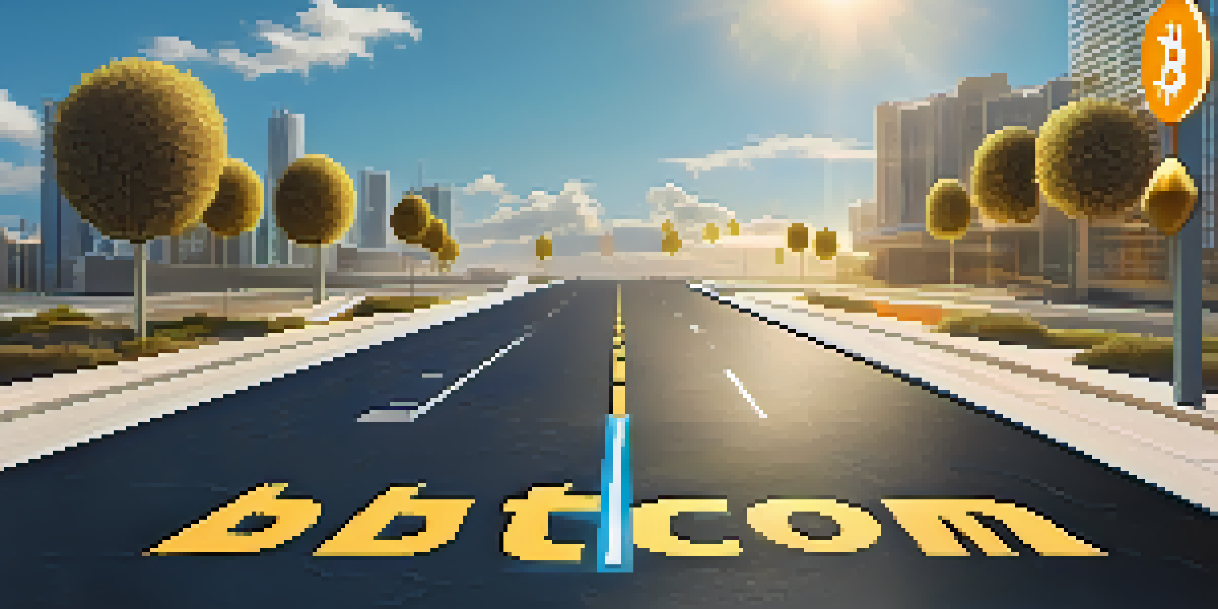 An illustration showing two diverging roads, one lined with Bitcoin symbols and the other with a new cryptocurrency icon, set in a bright digital landscape.