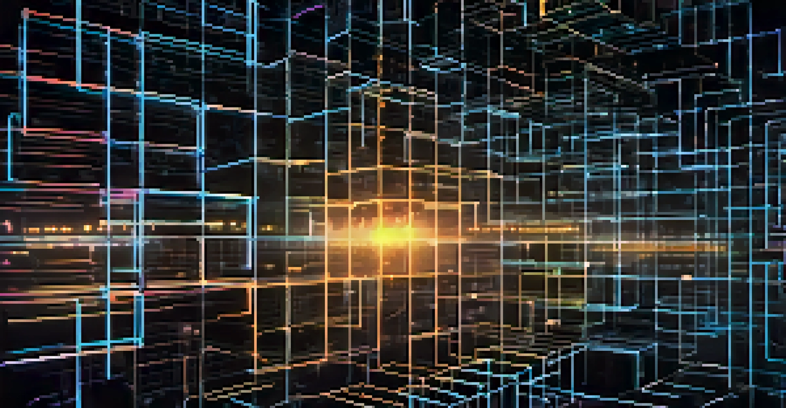 An artistic view of interconnected blockchain blocks glowing in a dark digital environment, surrounded by lines of code.