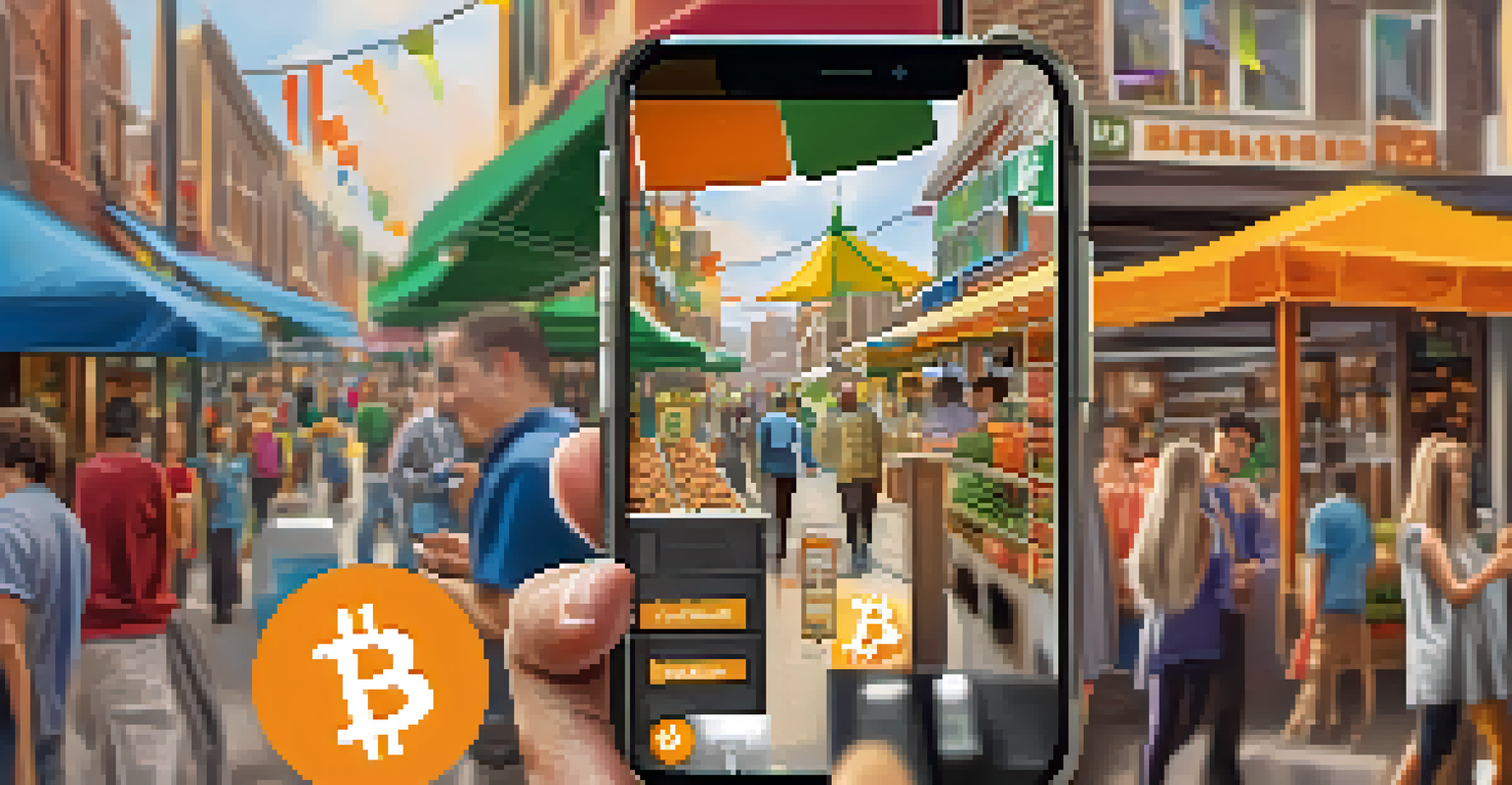A small business owner making a Bitcoin transaction on a smartphone in a vibrant market setting.