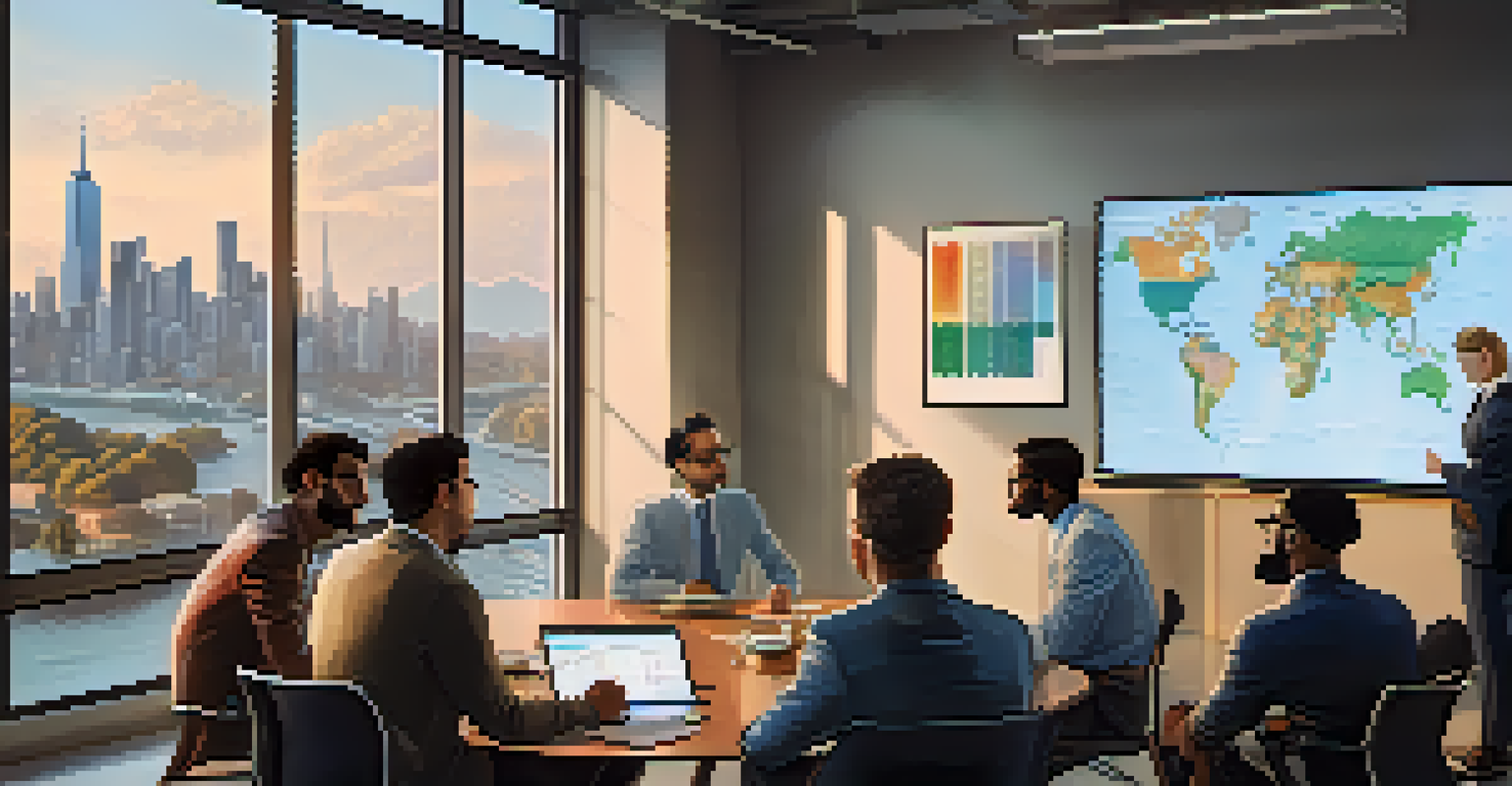 A diverse group of people discussing Bitcoin investment strategies in a modern office with city skyline views.