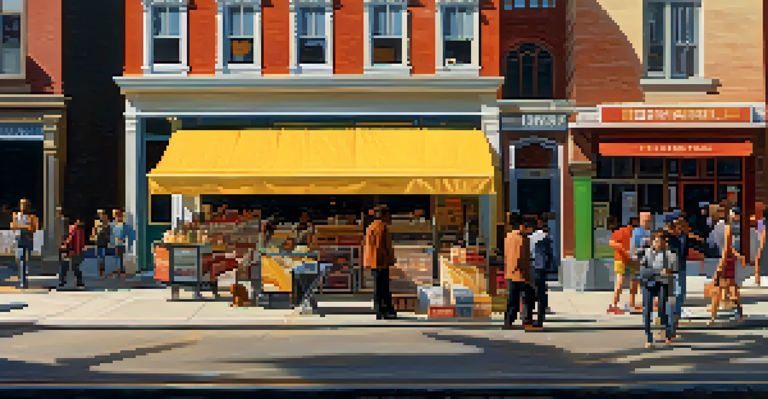 A lively urban street scene with people walking, storefronts, and a street musician during golden hour.