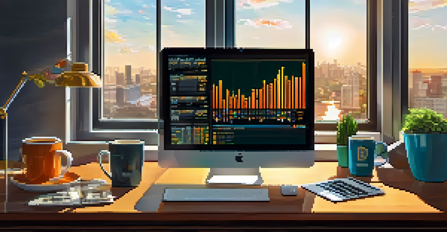 A modern office desk with a laptop showing Bitcoin charts, a smartphone, and a coffee cup, illuminated by natural light.