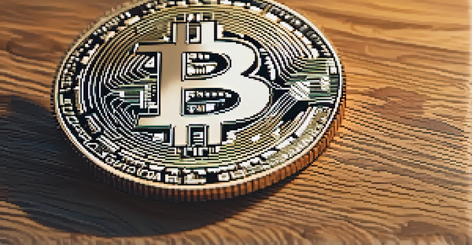 A close-up of a shiny Bitcoin coin on a wooden table with natural light highlighting its details, and a blurred digital chart in the background.