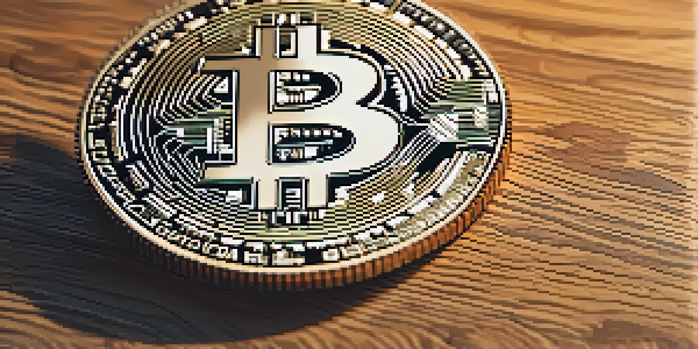 A close-up of a shiny Bitcoin coin on a wooden table with natural light highlighting its details, and a blurred digital chart in the background.