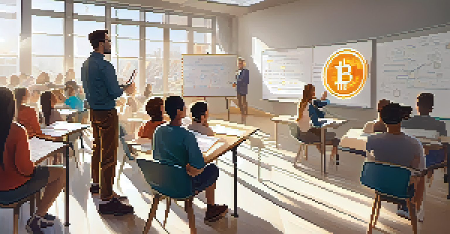 An instructor teaching a Bitcoin workshop in a bright classroom, with engaged participants taking notes.