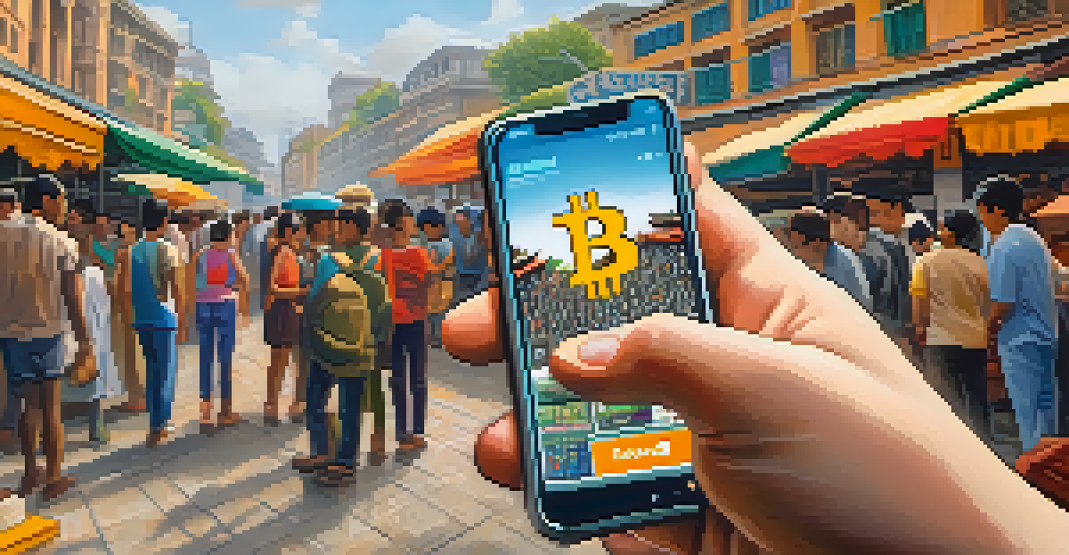 A smartphone showing a Bitcoin wallet app in a vibrant market setting, representing financial transactions and empowerment.