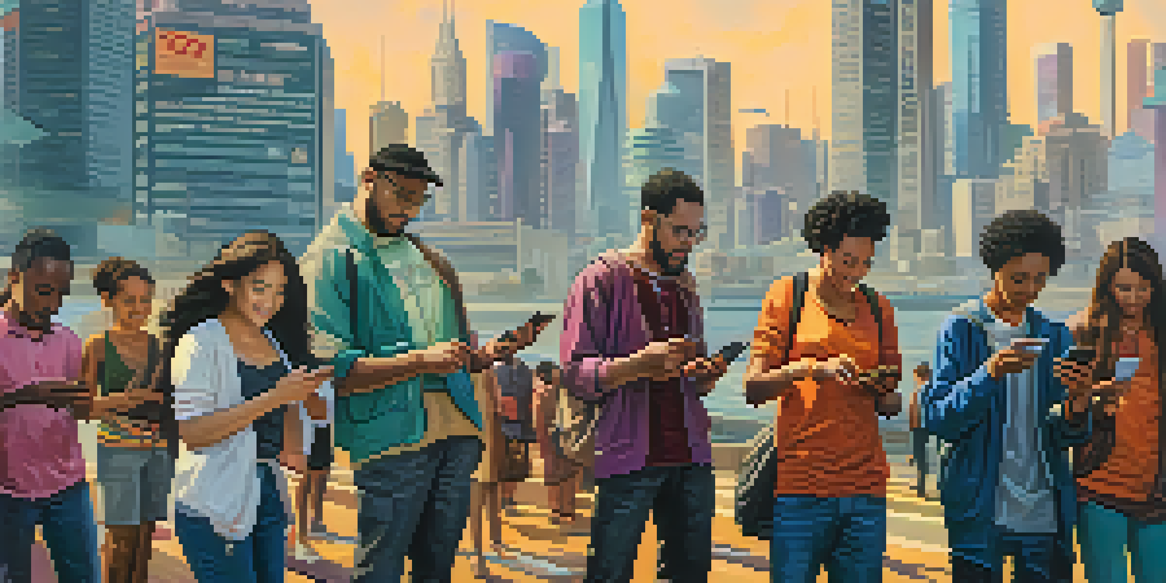 A diverse group of people in an urban setting using smartphones for remittances with a city skyline in the background.