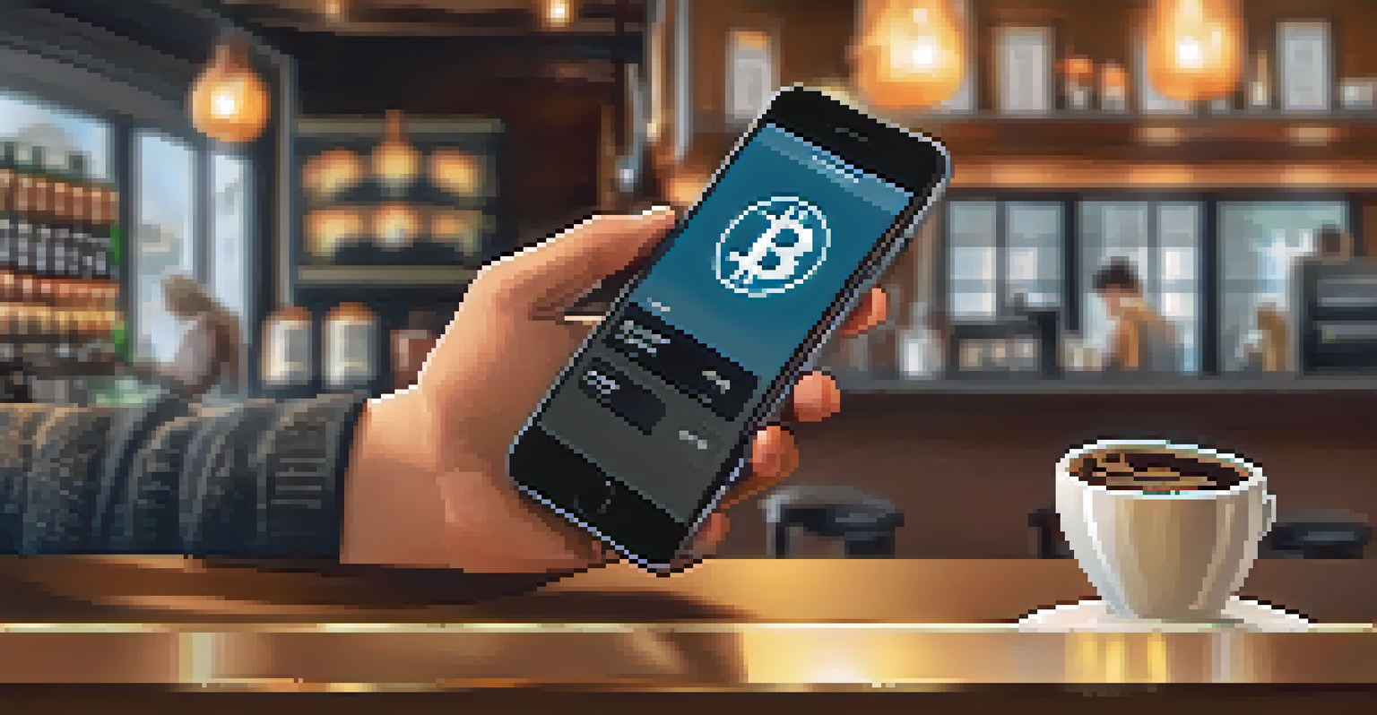 A close-up of a smartphone showing a Bitcoin payment app in a coffee shop, with a barista at the counter in the background.