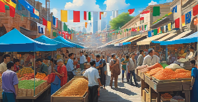 A lively marketplace with traders from various cultures exchanging goods and currencies, featuring colorful stalls and a city skyline in the background.