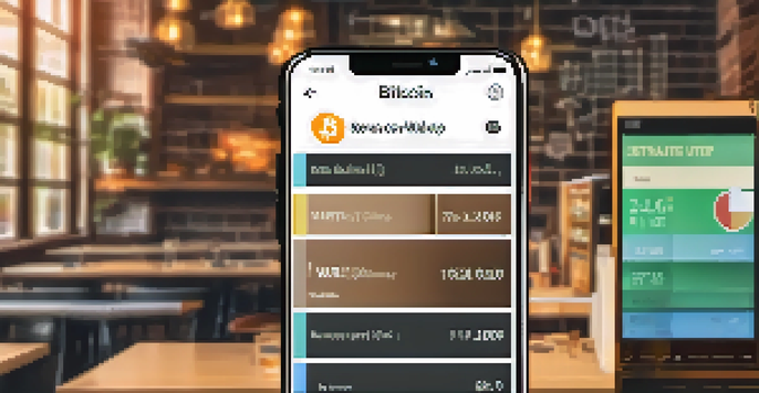 A close-up of a smartphone showing a Bitcoin wallet interface in a coffee shop setting.