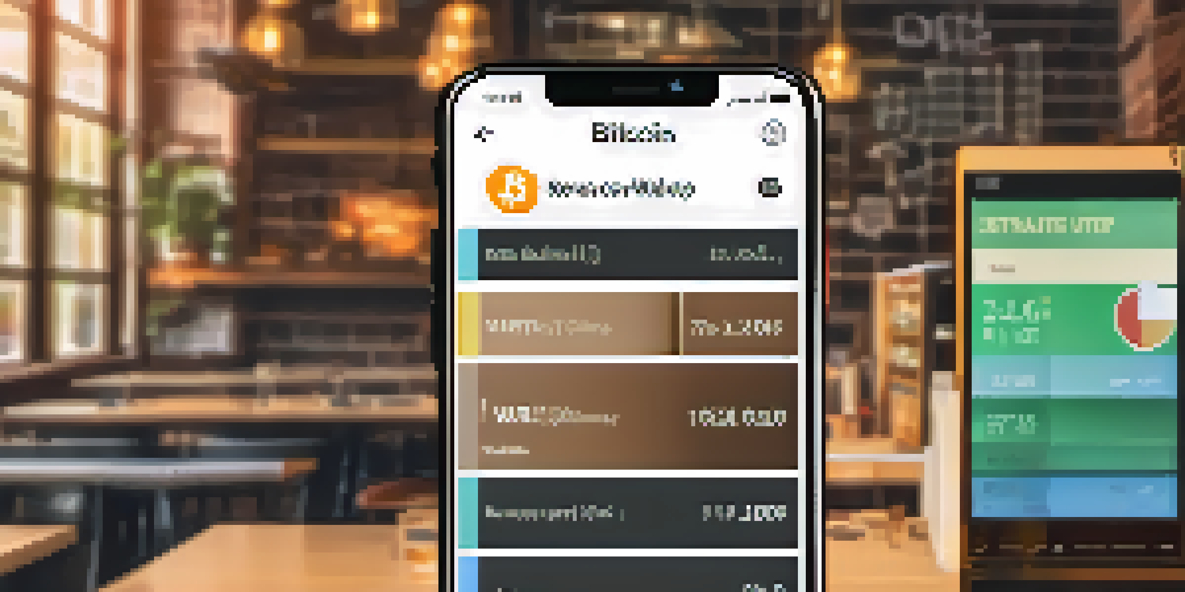 A close-up of a smartphone showing a Bitcoin wallet interface in a coffee shop setting.