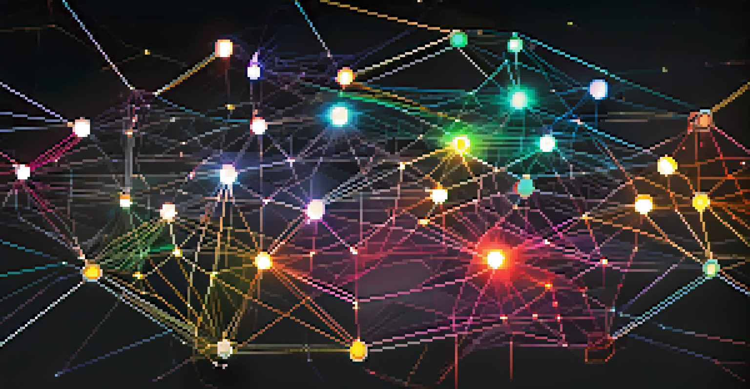An abstract illustration of interconnected blockchain networks with colorful nodes and lines.