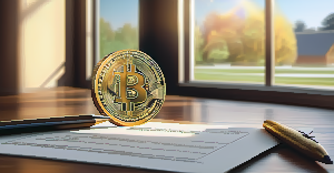Close-up of a Bitcoin coin on a wooden desk with tax documents and a calculator, illuminated by warm sunlight.