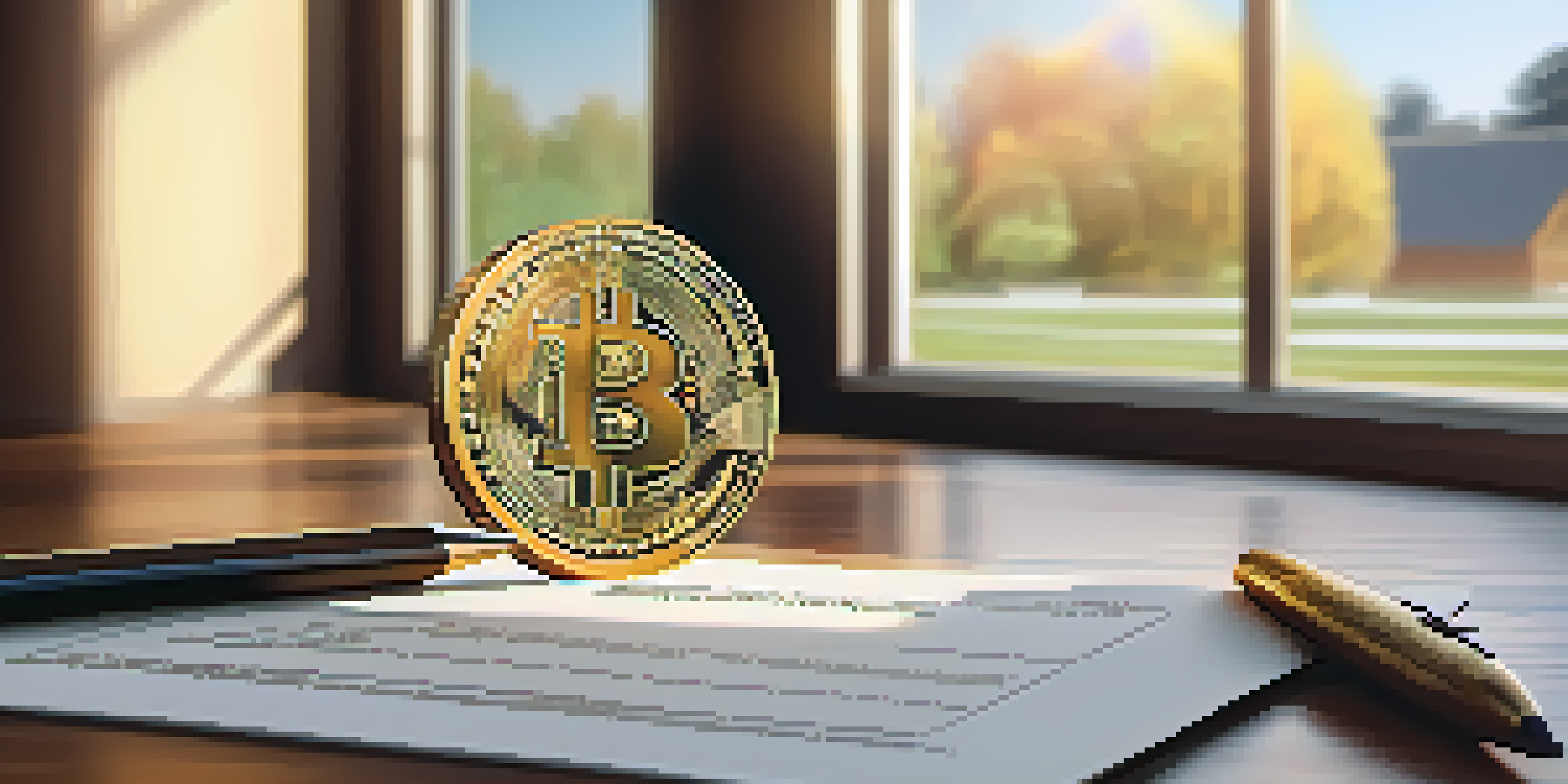 Close-up of a Bitcoin coin on a wooden desk with tax documents and a calculator, illuminated by warm sunlight.
