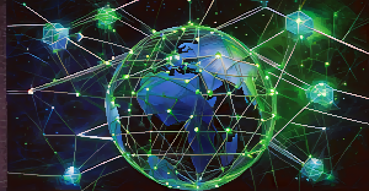 A visual representation of a blockchain network with glowing interconnected nodes in space.