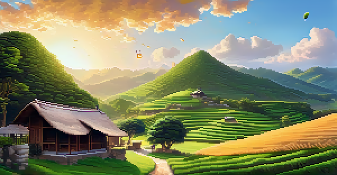 A peaceful village scene with a person using a smartphone to send Bitcoin, surrounded by green hills and a thatched-roof house, under warm sunlight.