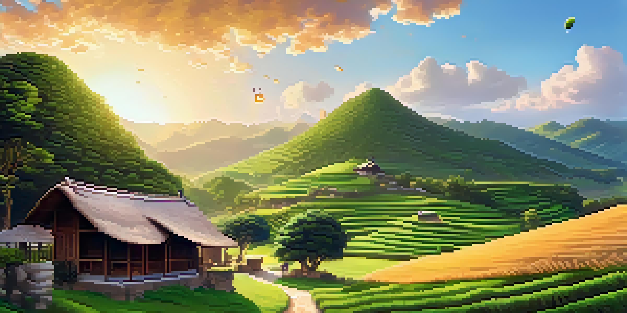 A peaceful village scene with a person using a smartphone to send Bitcoin, surrounded by green hills and a thatched-roof house, under warm sunlight.
