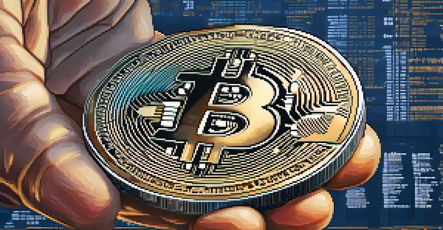 A close-up of a hand holding a Bitcoin coin with a world map and financial charts in the background.