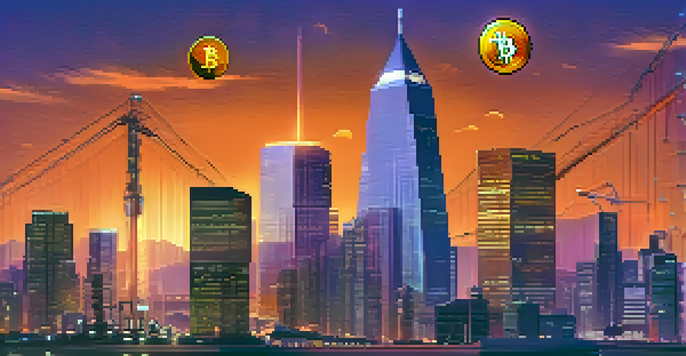 A balance scale representing fairness in cryptocurrency regulation, surrounded by Bitcoin and Ethereum symbols against a city skyline at dusk.