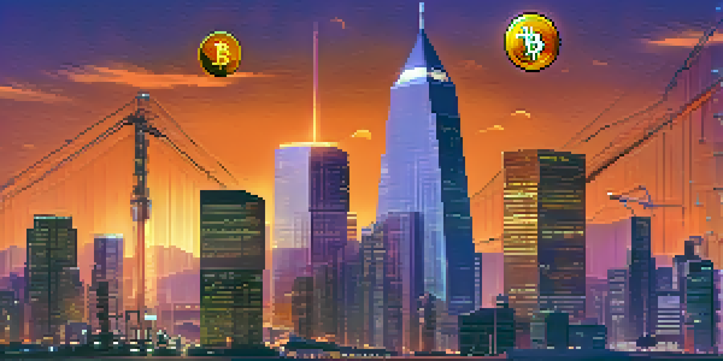 A balance scale representing fairness in cryptocurrency regulation, surrounded by Bitcoin and Ethereum symbols against a city skyline at dusk.
