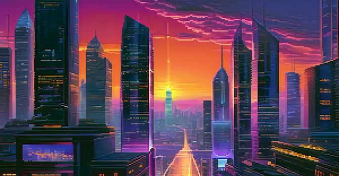 A futuristic city skyline at dusk with illuminated skyscrapers and flying vehicles against a colorful sunset sky.
