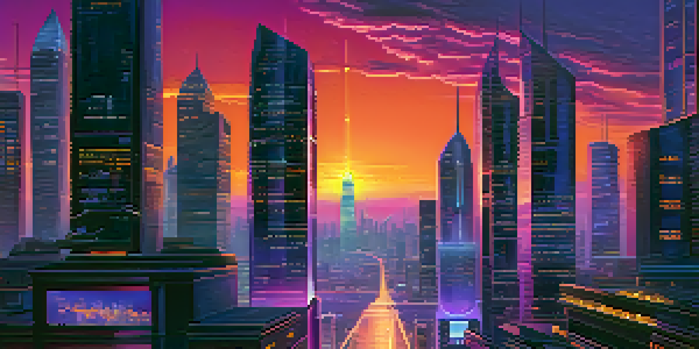 A futuristic city skyline at dusk with illuminated skyscrapers and flying vehicles against a colorful sunset sky.