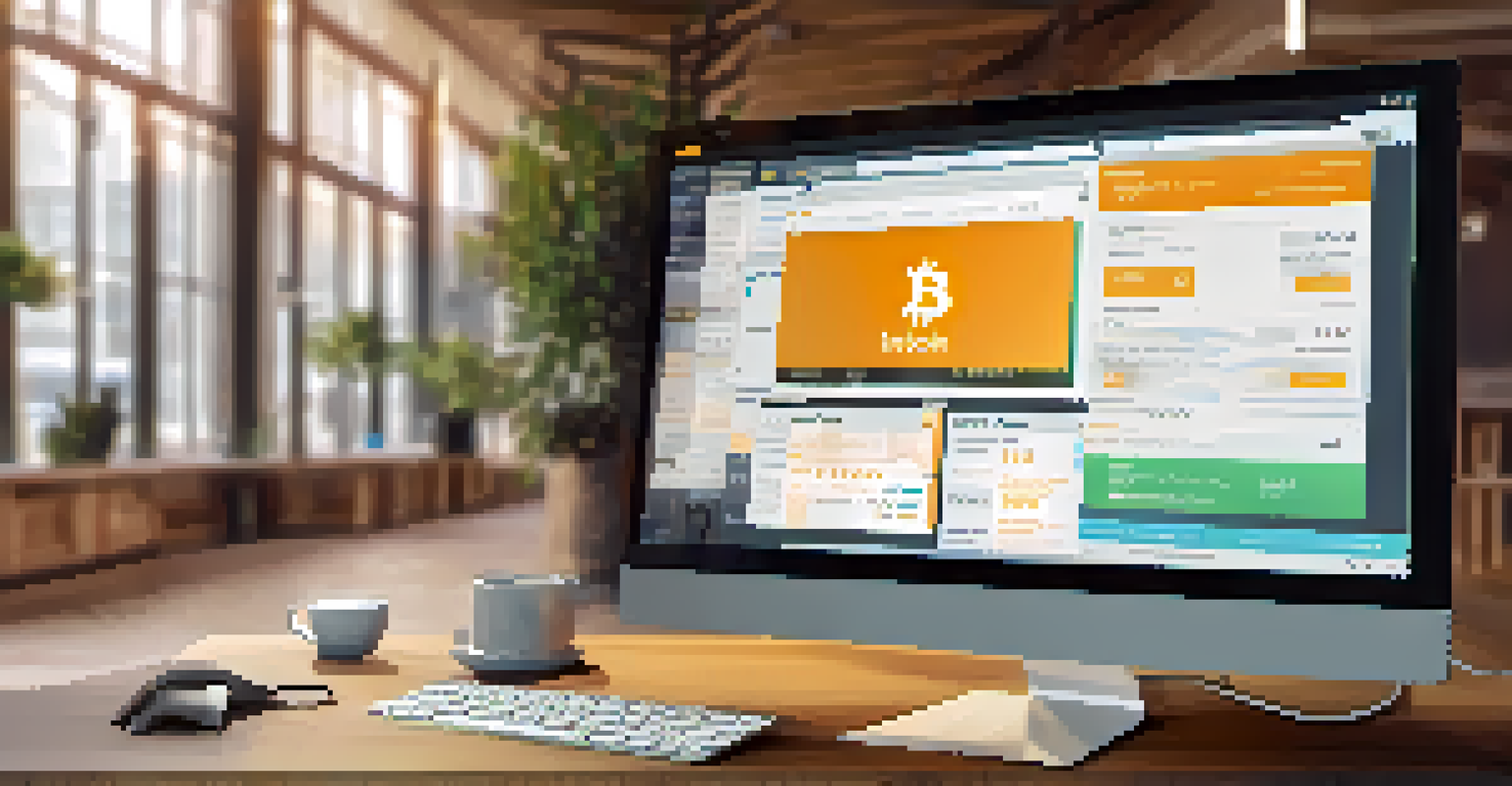 A computer screen showing a professional Bitcoin exchange platform interface designed to convey trust and transparency, highlighted by warm lighting.