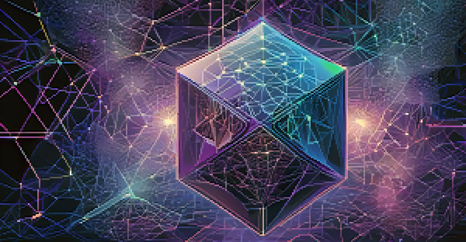 An abstract artwork showcasing artificial intelligence and blockchain technology through interconnected geometric shapes and glowing neural pathways.