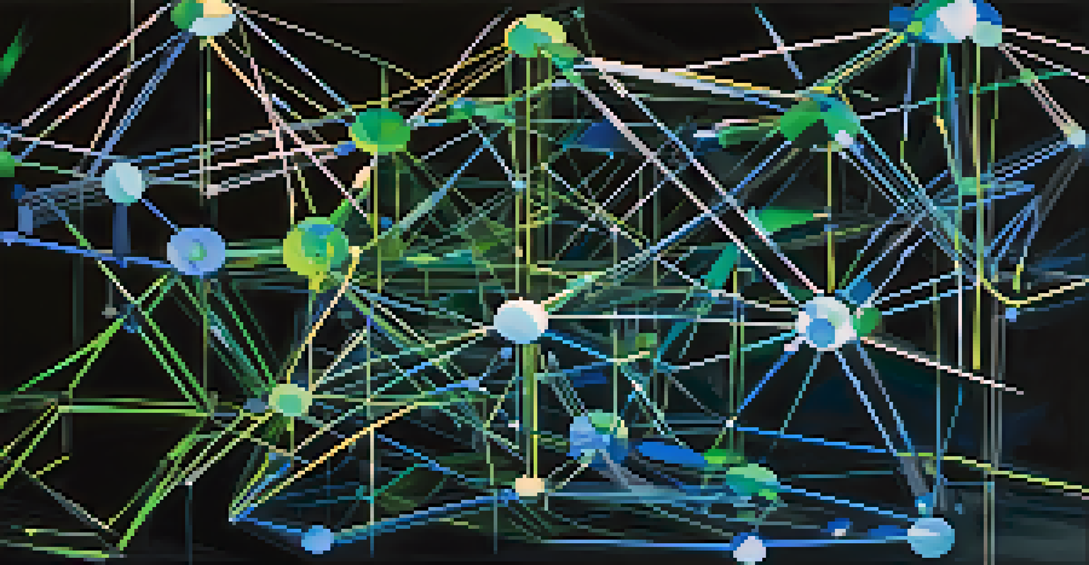 An abstract representation of blockchain technology with glowing interconnected nodes and lines in blue and green.