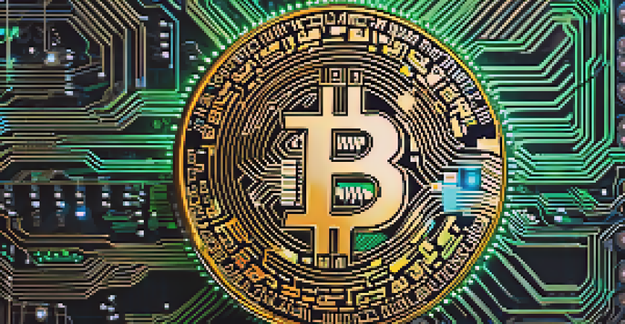 A close-up view of a Bitcoin coin on a digital circuit board, with glowing lines and a dark background.