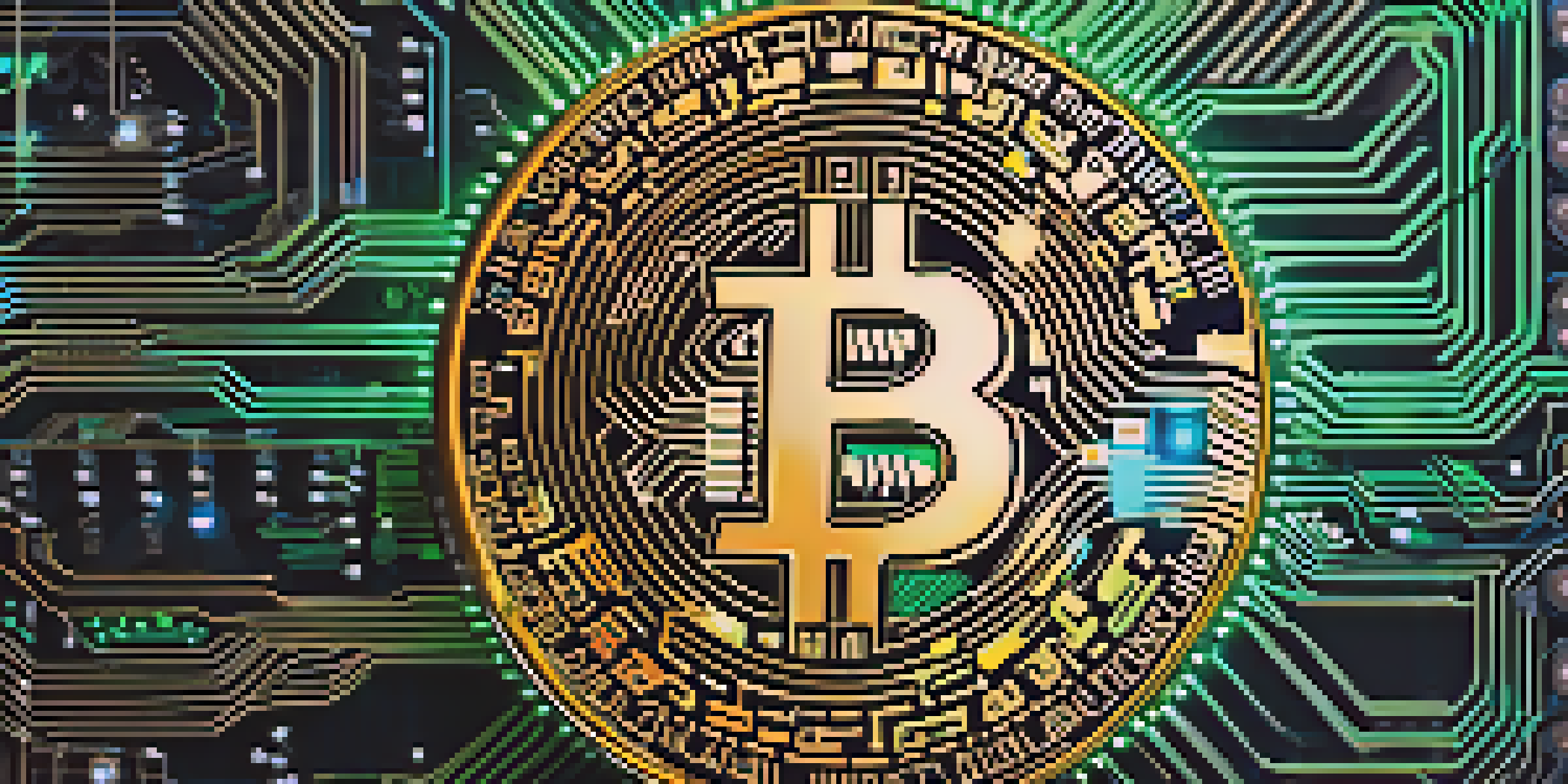 A close-up view of a Bitcoin coin on a digital circuit board, with glowing lines and a dark background.